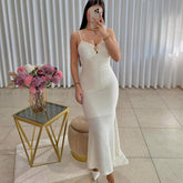 Women Spaghetti Strap Smocked Maxi Dress Gold Buckle Sleeveless Bodycon Long Dress