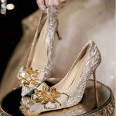 Wedding Chaussure Fashion Crystal Rhinestone Luxury High Covering Stiletto Gold Heels for Women