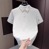 Men Rhinestone Star Bee Embroidery Polo Shirt Black Luxury Short Sleeve Casual Top