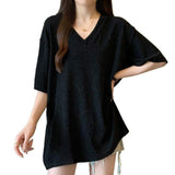 2XL 3XL 4XL Plus Size Design Slit V-neck Short-sleeved T-shirt Women's 2025 Summer New Loose Slimming Women's Top