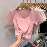 Women Square Neck Short Sleeve Seam Stitch Crop T Shirt Solid Slim Fit Curved Hem Stretch Basic Casual Daily Ladies Fitted Tees