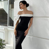 One Shoulder Evening Dress Ribbon Long Dress Pure Color Women's Elegant Dress