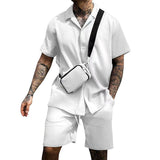 Men's Waffle Knit Two Piece Set Short Sleeve Cuban Collar Shirt & Shorts Casual Summer Outfit