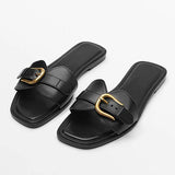 Women's Flat Slippers Fashionable Belt Buckle Slide Sandals, Casual Beach Shoes Sandales Plates