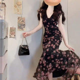 Women Black Base Pink Rose Floral Maxi Dress V Neck Ruffle Cap Sleeve Waist Slim Long Dress Summer Elegant Floral Print Dress