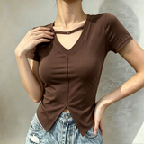 Women Shoulder-Fit Short Sleeve T-Shirt Summer Plus Size Unique Hollow Out V-Neck Blouse Irregular Slit Cropped Trendy Top