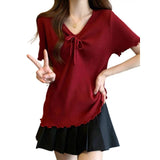 2026 Korean Summer Women Ribbed T-shirt V Neck Drawstring Short Sleeve Top Ruffle Cuff Slim Fit Casual Knitted Tee Shirts