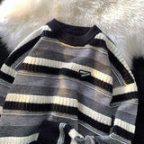 Men's Retro Round Neck Striped Knitted Sweater Lazy Trendy Fall and Winter Thickened Sweater Autumn Patchwork Sweater