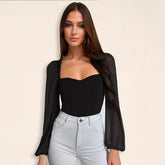 Women Sweetheart Neck Mesh Puff Long Sleeve Ribbed Bodysuit Slim Fit Bodycon Elegant Party Ladies Bodysuit Tops