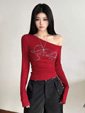 2026 Wholesale Trendy Letter Hot Diamond Oblique Collar Shoulder Long-sleeved T-shirt Women's Pleated Spice Top