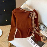 Korean Style Plaid Bow Knit Top Women's Slim Fit Long Sleeve Off Shoulder Casual Top with Side Drawstring