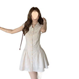 Women Sleeveless Polo Collar Shirt Mini Dress Slim Waist Pleated Skirt Summer Casual Sweet a Line Short Dress Daily Dresses