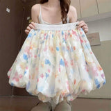 Women Floral Print Tulle Bubble Mini Skirt Elastic A-Line Puffy Balloon Short Skirt Fairy Sheer Mesh Flowy Casual Skirts