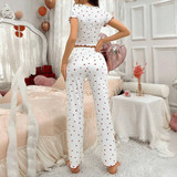 Ribbed Heart-Print Crop Top & Pants Pajama Set - Women’s Heart Print Short Sleeve Pajama Set