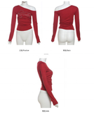 2026 Wholesale Trendy Letter Hot Diamond Oblique Collar Shoulder Long-sleeved T-shirt Women's Pleated Spice Top