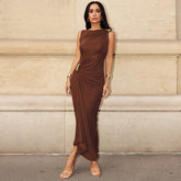 Metal Bar Decor Ruched Maxi Dress Women Solid Orange Bodycon Side Slit Elegant Cocktail Evening Party Gown