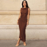 Metal Bar Decor Ruched Maxi Dress Women Solid Orange Bodycon Side Slit Elegant Cocktail Evening Party Gown