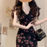 Women Black Base Pink Rose Floral Maxi Dress V Neck Ruffle Cap Sleeve Waist Slim Long Dress Summer Elegant Floral Print Dress
