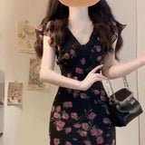 Women Black Base Pink Rose Floral Maxi Dress V Neck Ruffle Cap Sleeve Waist Slim Long Dress Summer Elegant Floral Print Dress