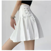 Women Side Lace up Pleated Mini Skirt Pink High Waist a Line Preppy School Uniform Skirt Girls Kawaii Pleated Short Skorts