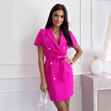 Women Short Sleeve Blazer Dress Double Breasted Belted Waist Office Lady Mini Dress