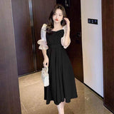 Women Burgundy Color Block Puff Sleeve Midi Dress Pearl Trim Square Neck High Waist A Line Dress