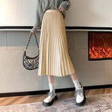 Women High Waist Pleated Midi Skirt Solid Color Elastic Waist a Line Long Pleated Skirt Casual Flowy Maxi Skirts