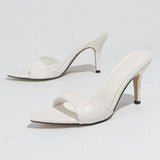 Elegant Women's White Stiletto Sandals - Stone-Patterned Pointed-Toe High Heels with Single Strap