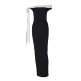 One Shoulder Evening Dress Ribbon Long Dress Pure Color Women's Elegant Dress