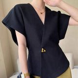 2026 French Temperament Asymmetric Drop Shoulder Sleeve Women's T-shirt One Button Tight Waist Slimming Fashion Top