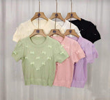 Bow Graphic Tee Bow Round Neck Tops for Women Ice Silk Knitted T-shirt for Women