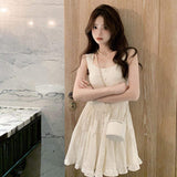 Women White Sleeveless Tiered Mini Dress Square Neck Button Down Ruffle Hem Casual A-Line Summer Sundress