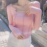 Square Collar Irregular Blouse Lightweight Crop Top Slim-fit Long Sleeve T-shirt