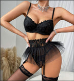Luxury Red Lingerie 3-Piece Set with Skirt Lace Embroidery Erotic Sheer Sexy Women's Underwear
