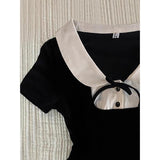Black White Peter Pan Collar Blouse, Vintage Short Sleeve Fitted Top with Hollow Out Design