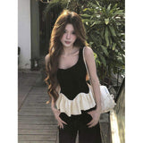 Women Ruffle Hem Tank Top U Neck Sleeveless Peplum Waist Slim Fit Contrast Patchwork Cropped Camisole Casual Street Tops