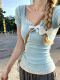 Women Faux Two Piece Ribbed Knit T-shirt Lace Trim U Neck Button Detail Slim Short Sleeve Crop Top Sweet Casual Daily Tees