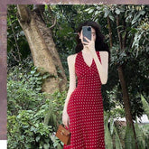 Women Burgundy White Polka Dot Maxi Dress Halter V Neck Tie Back Open Back Slim Bodycon Long Dress Vintage Summer Sundress