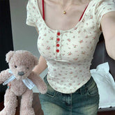 2026 Build in Bra Spice Faux Two-piece T-shirt Contrast Color Floral with Chest Pad Women's T-shirt Summer Slim-fit Short Top