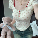 2026 Build in Bra Spice Faux Two-piece T-shirt Contrast Color Floral with Chest Pad Women's T-shirt Summer Slim-fit Short Top