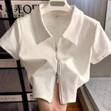 Women Double Zipper Polo Crop Top Short Sleeve Ribbed Knit T Shirt Summer Slim Fit Lapel Casual Crop Tee