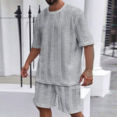 Men's Casual Textured 2 Piece Outfit, 2026 New Arrival Crew Neck Short Sleeve T-Shirt & Drawstring Shorts Set