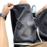 Men's Vintage Washed Denim Shorts with Elastic Waist and Decorative Patches, Loose Fit Shorts