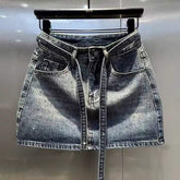 Large Size Vintage Hot Drilling Denim Skirt Women's Summer High Waist Slimming Hip A- Line Short Skirt