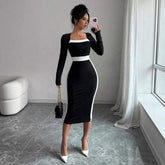 Elegant Chic Square Collar High-Grade Formal Casual Designs Office Long Sleeve Dress for Women