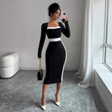 Elegant Chic Square Collar High-Grade Formal Casual Designs Office Long Sleeve Dress for Women
