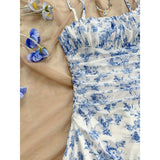Women Spaghetti Strap Blue Floral Print Mini Dress Ruched Waist Slim Fit A Line Casual Summer Beach Dress