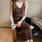 Solid Knitted Slim-fit Cami Dress Sweater Dresses Midi Dress
