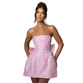 Spring Summer Jacquard Waist Wrap A-line Dress Elegant Bow Backless Sexy Evening Club Party Dresses Women Mini Dress