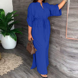 Stand Collar Drawstring Waist Side Split Long Kaftan Dress Women Loose Summer Casual Maxi Robe Dress
